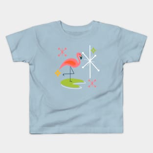 Mid-Century Modern Pink Flamingo with Retro Icons Repeating Pattern Kids T-Shirt